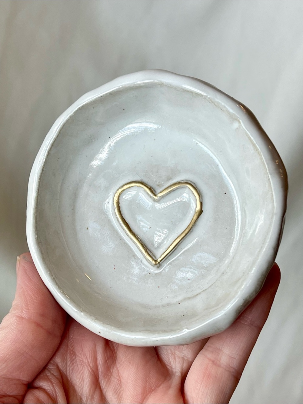 Handmade White Ceramic Trinket Dish with Gold Heart